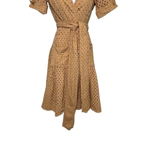 Diane Von Furstenburg Taffy Tan Eyelet Lace Wrap Cotton Belted Midi Dress 6 - Picture 5 of 11